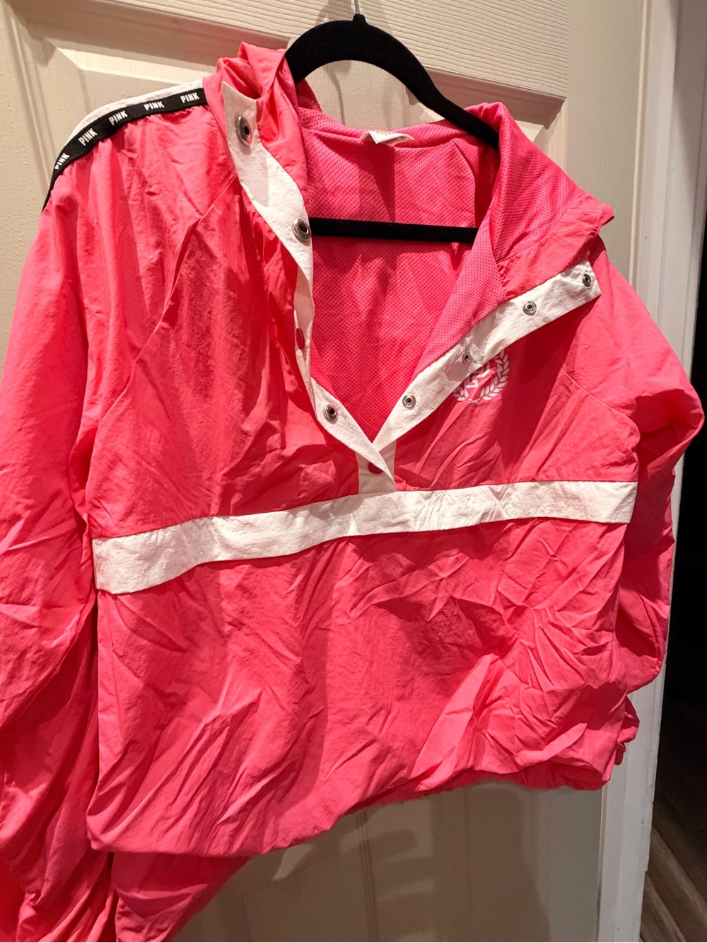PINK Hot Pink Windbreaker Pullover with White Trim M/L